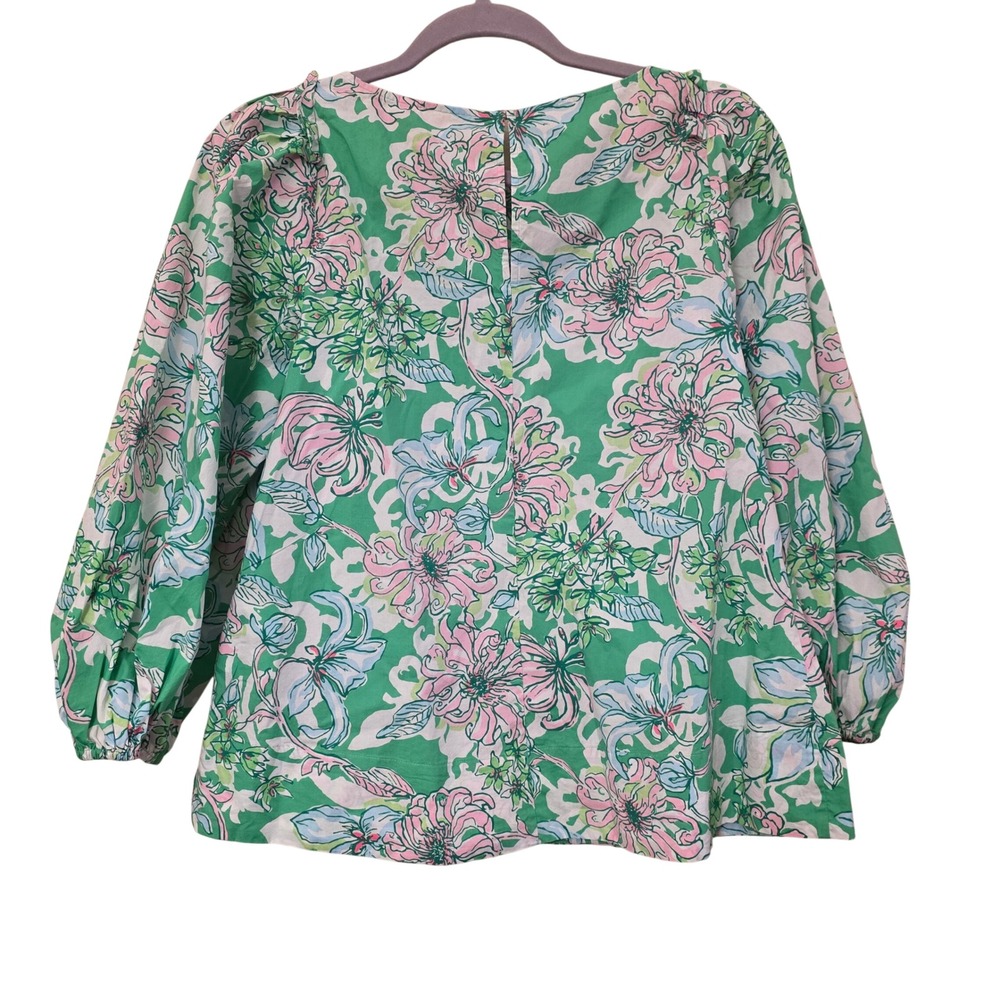 Lilly Pulitzer Womens Green Pink Floral Puff Sleeve Cotton Blouse Size 8 - Picture 3 of 8